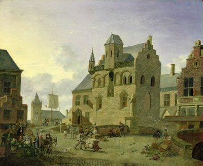 Praça da cidade com figuras e camponeses negociando em um mercado local (painel) de Johannes Huibert Prins