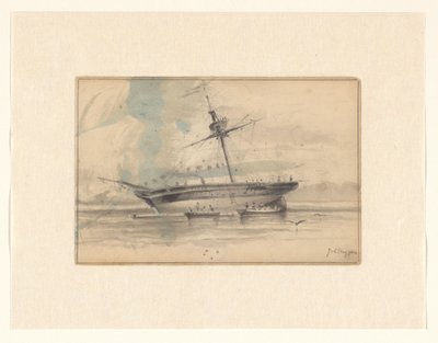 Veleiro com dois barcos a remos de Johannes Huygens (signed by artist)