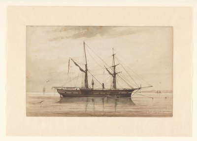 Veleiro fundeado em águas calmas de Johannes Huygens (signed by artist)