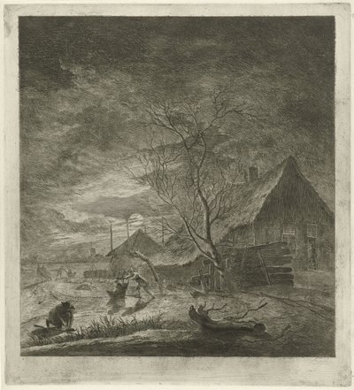Paisagem nocturna com casa de campo e patinadores de Johannes Janson