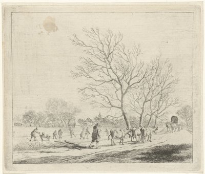 Paisagem de inverno com vacas e patinadores dezembro Os Doze Meses (título da série) Os desenhos coloridos dos 12 meses (...) (título da série) de Johannes Janson