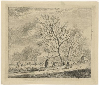 Paisagem de inverno com vacas e patinadores dezembro Os Doze Meses (título da série) Os desenhos coloridos dos 12 meses (...) (título da série) de Johannes Janson