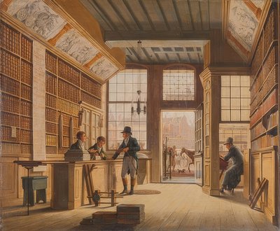 Der Laden des Buchhändlers Pieter Meijer Warnars am Vijgendam, em Amsterdã. 1820 de Johannes Jelgerhuis