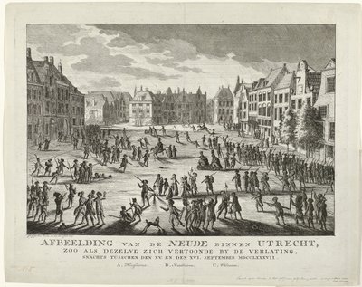 Patriots deixam o Neude em Utrecht, 1787 Representação do Neude em Utrecht, como apareceu quando foi abandonado à noite entre o XV. e o XVI. Setembro MDCCLXXXVII (título no objeto) de Johannes Jelgerhuis