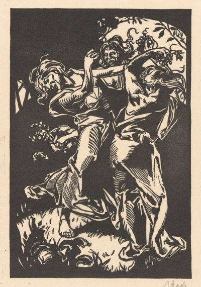Mulheres dançando com cachos de uvas e sátiro de Johannes Josephus Aarts (signed by artist)