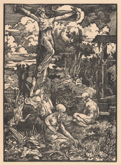 Homem crucificado na paisagem montanhosa de Johannes Josephus Aarts
