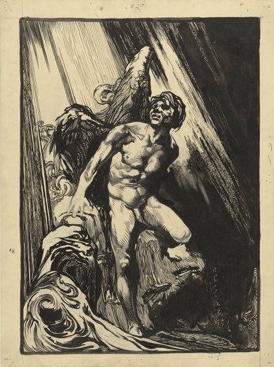Lúcifer numa paisagem rochosa junto a um riacho, olhando para a luz de Johannes Josephus Aarts