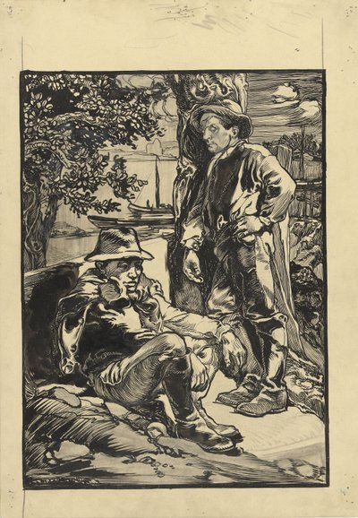 Dois trabalhadores diques, um sentado, o outro encostado a uma árvore de Johannes Josephus Aarts