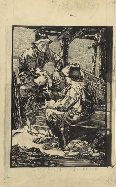 Dois trabalhadores de dique em uma cabana de prancha de Johannes Josephus Aarts