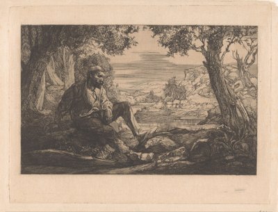 Homem sentado na paisagem montanhosa de Johannes Josephus Aarts