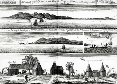 Uma perspectiva da estrada na Baía de Sierra Liona, uma ilustração de vol.5 de &39;A coleção de viagens e viagens&39; de Awnsham e John Churchill, publicada em 1732 de Johannes Kip