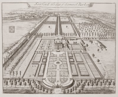 Fairford House, a sede de Samuel Barker, de "Trinta e Seis Diferentes Visões dos Nobres e Senhores de Assentos, no Condado de Kent", de Thomas Badeslade (1718-50), publicado em c.1750 de Johannes Kip