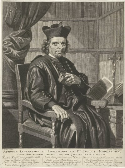 Portret do pastor Justus Modersohn O Reverendíssimo e Grande Homem Sr. Justus Modersohn, morreu em Amsterdam 1693 no dia 8 de janeiro com a idade de 15 anos (título no objeto) de Johannes Klopper