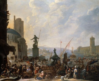 Um Capriccio de um Porto Mediterrâneo com a Fonte Triton de Bernini e um Capriccio do Palais du Louvre, 1651 de Johannes Lingelbach