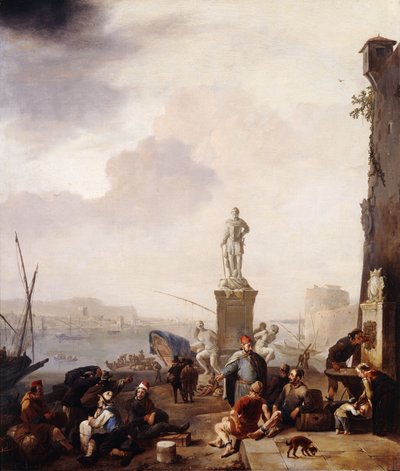 Um porto mediterrâneo com o monumento do grão-duque Ferdanindo I da Toscana em Leghorn, de Johannes Lingelbach