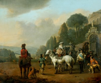 Um grupo de falcoeiros diante das portas de um castelo (óleo sobre tela) de Johannes Lingelbach