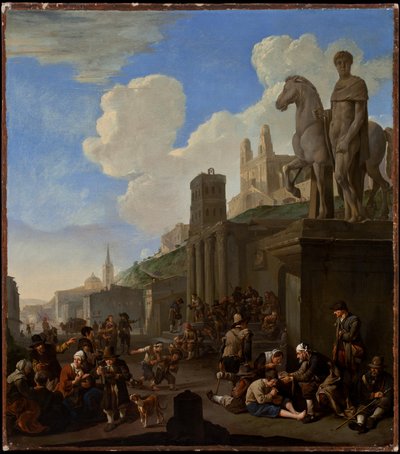 Uma cena de rua com um capricho de edifícios romanos de Johannes Lingelbach