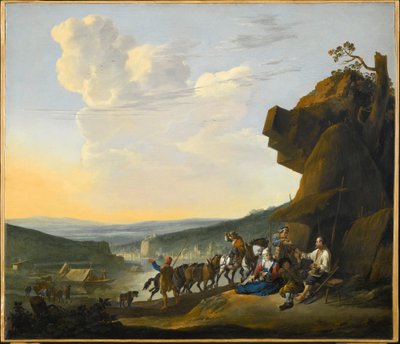Alemão: Südliche Landschaft mit Fähre Paisagem meridional com vista para uma baía, com viajantes a descansar de Johannes Lingelbach