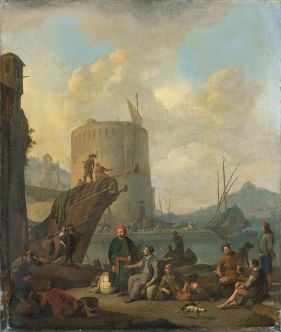 Porto italiano com uma torre fortificada de Johannes Lingelbach