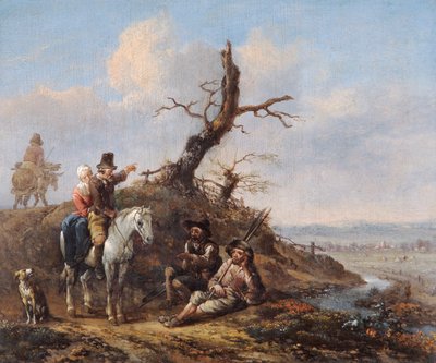 Paisagem com viajantes em repouso e casal a cavalo (óleo sobre painel de carvalho) de Johannes Lingelbach
