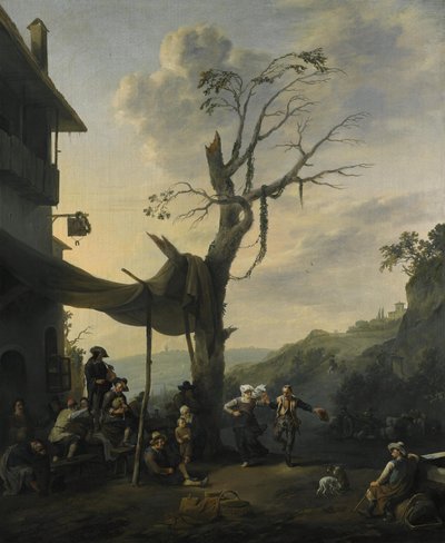 Paisagem montanhosa com camponeses a dançar e a tocar música diante de uma estalagem de Johannes Lingelbach