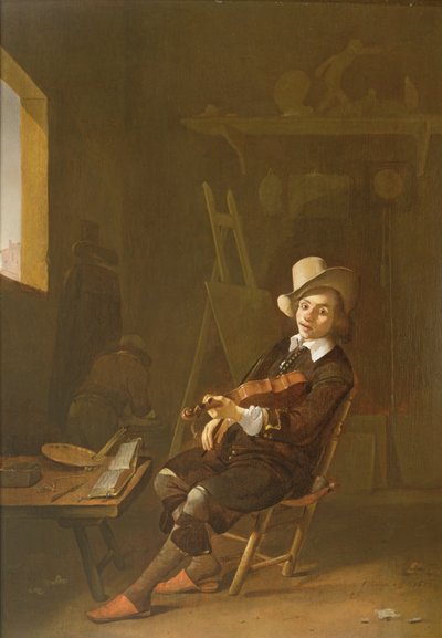 Auto-retrato do artista tocando um violino de Johannes Lingelbach