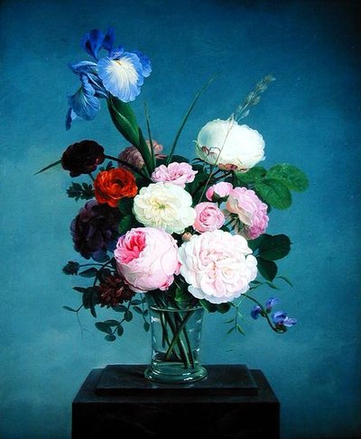 Rosas e uma íris num vaso de vidro sobre um rodapé de mármore (óleo sobre tela) de Johannes Ludwig Camradt