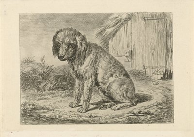 Cão sentado perto de um celeiro de Johannes Mock
