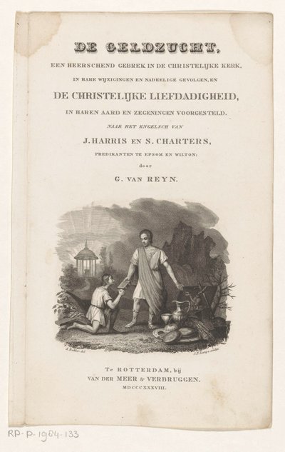 Dois homens por um baú cheio de objetos de valor Página de título para: G. van Reyn, A luxúria por dinheiro, um defeito reinante na igreja cristã, 1838 de Johannes Philippus Lange