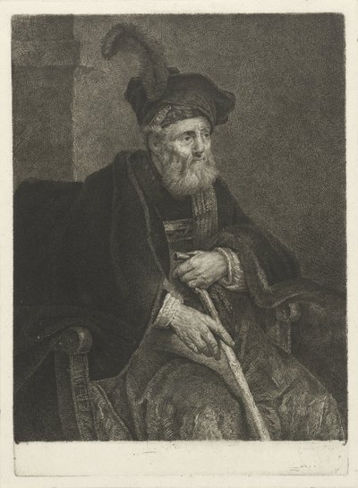 Retrato de um velho desconhecido em uma cadeira de Johannes Pieter de Frey