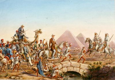 Príncipe Alberto da Prússia com a sua comitiva em digressão pelas Pirâmides de Gizé (aguarela sobre papel) de Johannes Rabe