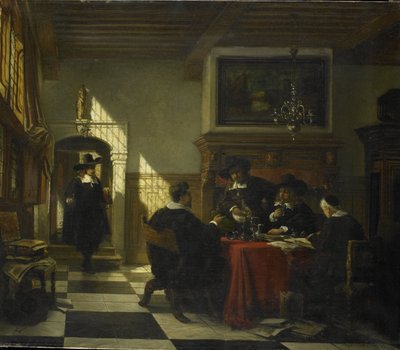 Companhia em trajes do século XVII, numa mesa sobre a qual se encontra uma taça Nautilus de Johannes Stroebel