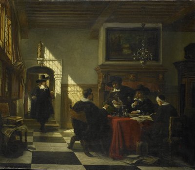 Companhia em traje do século XVII em uma mesa em que uma xícara Nautilus de Johannes Stroebel
