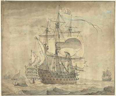 Um navio de guerra francês de três convés com velas cheias de Johannes Swertner