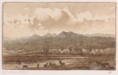 Paisagem montanhosa com veados de Johannes Tavenraat (signed by artist)