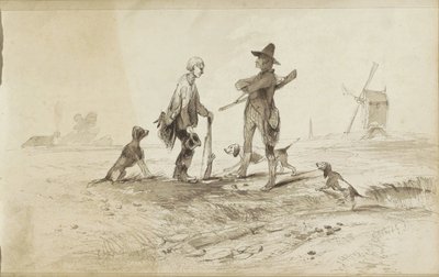 Caçadores com cães numa paisagem com um moinho de vento de Johannes Tavenraat