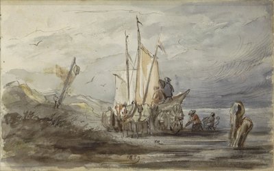 Cavalo e carruagem em um banco perto de um veleiro de Johannes Tavenraat