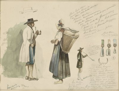 Cachimbo fumador homem, mulher com cesto, rosetas e um soprador de chifres de caça de Johannes Tavenraat