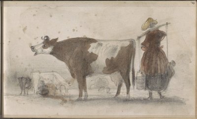 Prado com vacas e uma camponesa com um jugo de Johannes Tavenraat