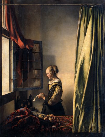 Mädchen, das einen Brief am offenen Fenster liest de Johannes Vermeer