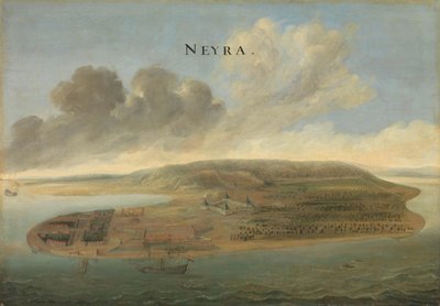Duas Vistas dos Postos de Comércio da Companhia Holandesa das Índias Orientais: Lawec no Camboja e Banda nas Molucas do Sul Vista de Banda, sul das Molucas Neyra (título no objeto) de Johannes Vinckboons (attributed to)