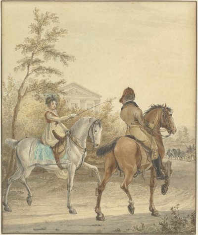 Homem e mulher a cavalo numa estrada de campo de Johannes Vinkeles