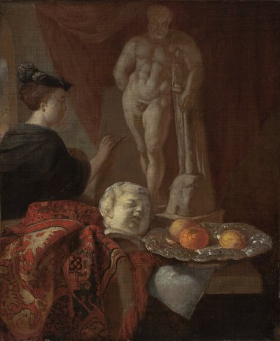 Ainda vida e uma mulher em um cavalete, final dos anos 1600 de Johannes Voorhout