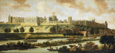 Vista do Castelo de Windsor e de todo o panorama que rodeia o edifício, com descrição do parque e das actividades no rio, uma variedade de barcos, desde barcos de pesca a navios reais de Johannes Vorsterman