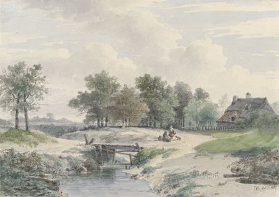 Paisagem com ponte e figuras em frente de uma casa agrícola de Johannes Warnardus Bilders