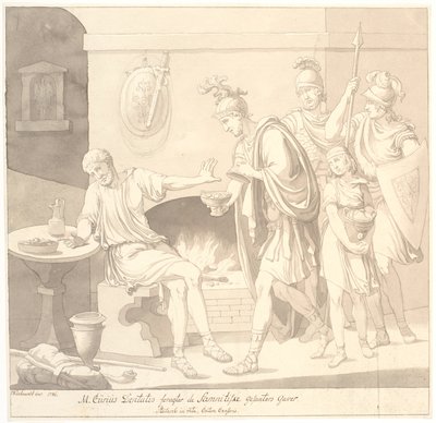 "M. Curius Dantatus foragter de Samnitiske Gesanters Gaver./ Plutach: in vita. Cato, o Censor." de Johannes Wiedewelt