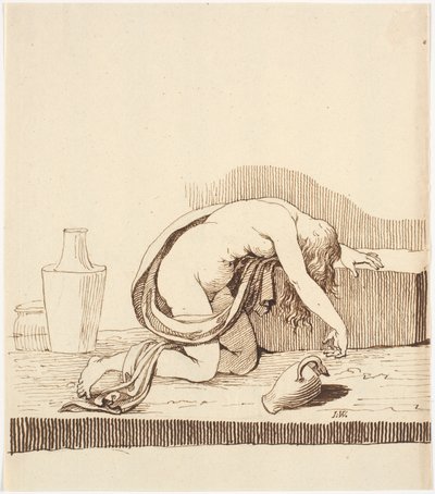 Nua curvada sobre mulher (bêbada) com jarra de vinho vazia de Johannes Wiedewelt