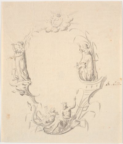 Rascunho para a vinheta do título para uma carta náutica (com o texto: Passe Kaart sobre Kattegatte, edição do Søkortarkivet 1799) de Johannes Wiedewelt