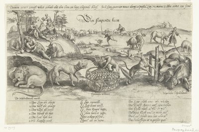 O leão adormecido, 1567 O Leão Adormecido (título no objeto) Quatro alegorias dos eventos entre 1576-1579 na Holanda (título da série) de Johannes Wierix (attributed to)