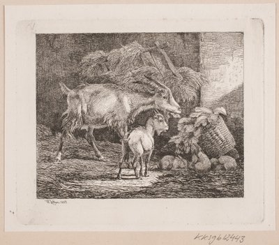 Uma cabra, uma criança e coelhos em um celeiro de Johannes Wilhelm Zillen
